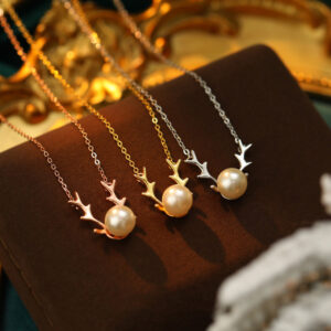 S925 Sterling Silver Deer Antler Pearl Pendant Necklace