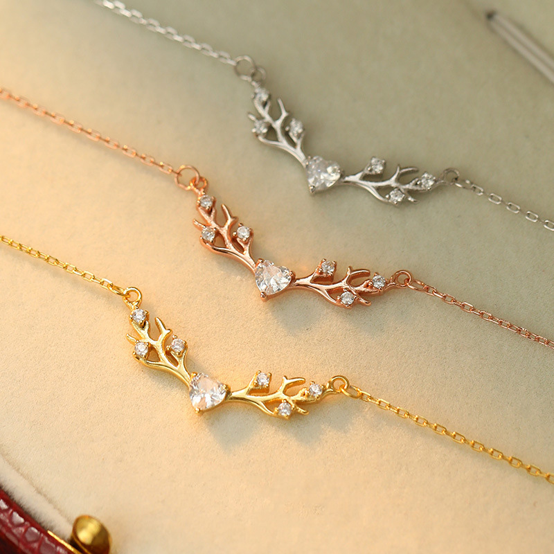 S925 Sterling Silver Deer Antler Necklace with Zirconia