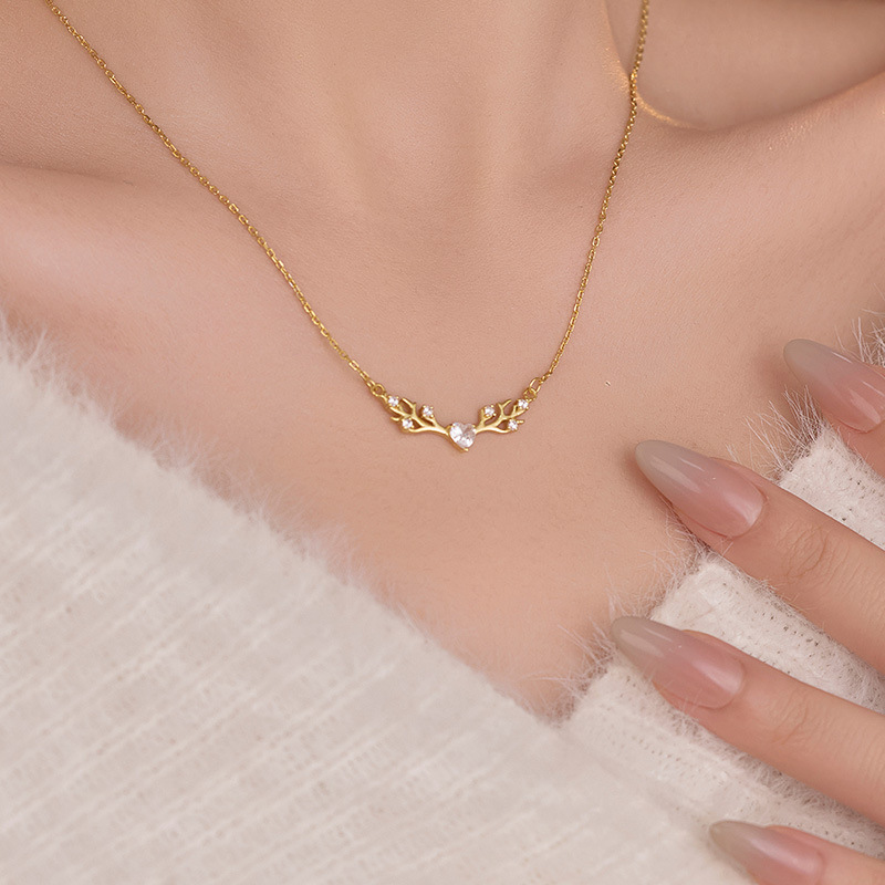 S925 Sterling Silver Deer Antler Necklace with Zirconia - Image 3