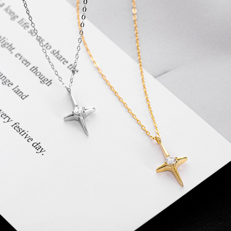 S925 Sterling Silver Minimalist Diamond-Accented Cross Star Necklace - Image 2