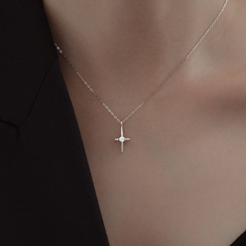 S925 Sterling Silver Minimalist Diamond-Accented Cross Star Necklace - Image 3