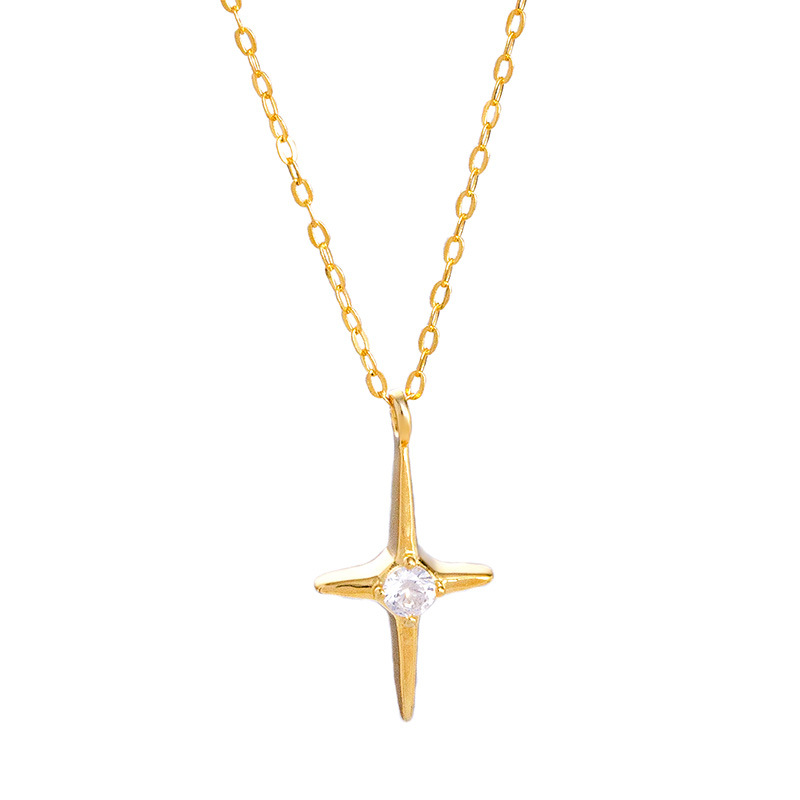 S925 Sterling Silver Minimalist Diamond-Accented Cross Star Necklace - Image 4