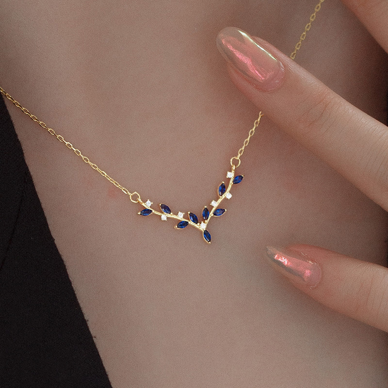 S925 Sterling Silver Blue Zirconia Leaf Deer Antler Pendant Necklace - Image 2