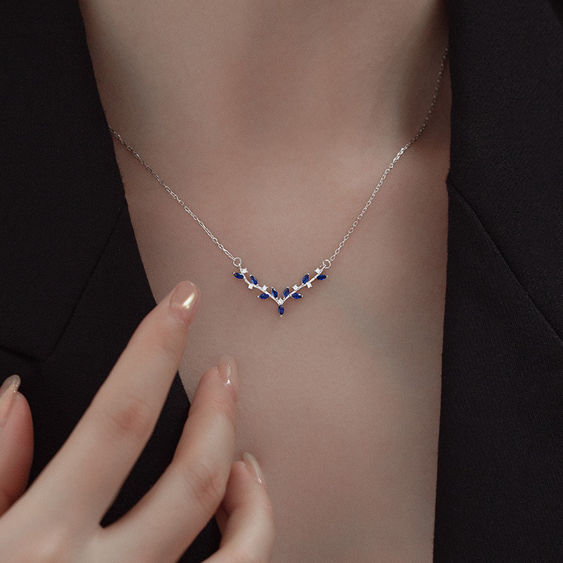 S925 Sterling Silver Blue Zirconia Leaf Deer Antler Pendant Necklace - Image 3