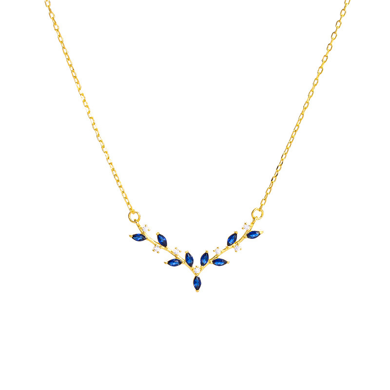 S925 Sterling Silver Blue Zirconia Leaf Deer Antler Pendant Necklace - Image 4