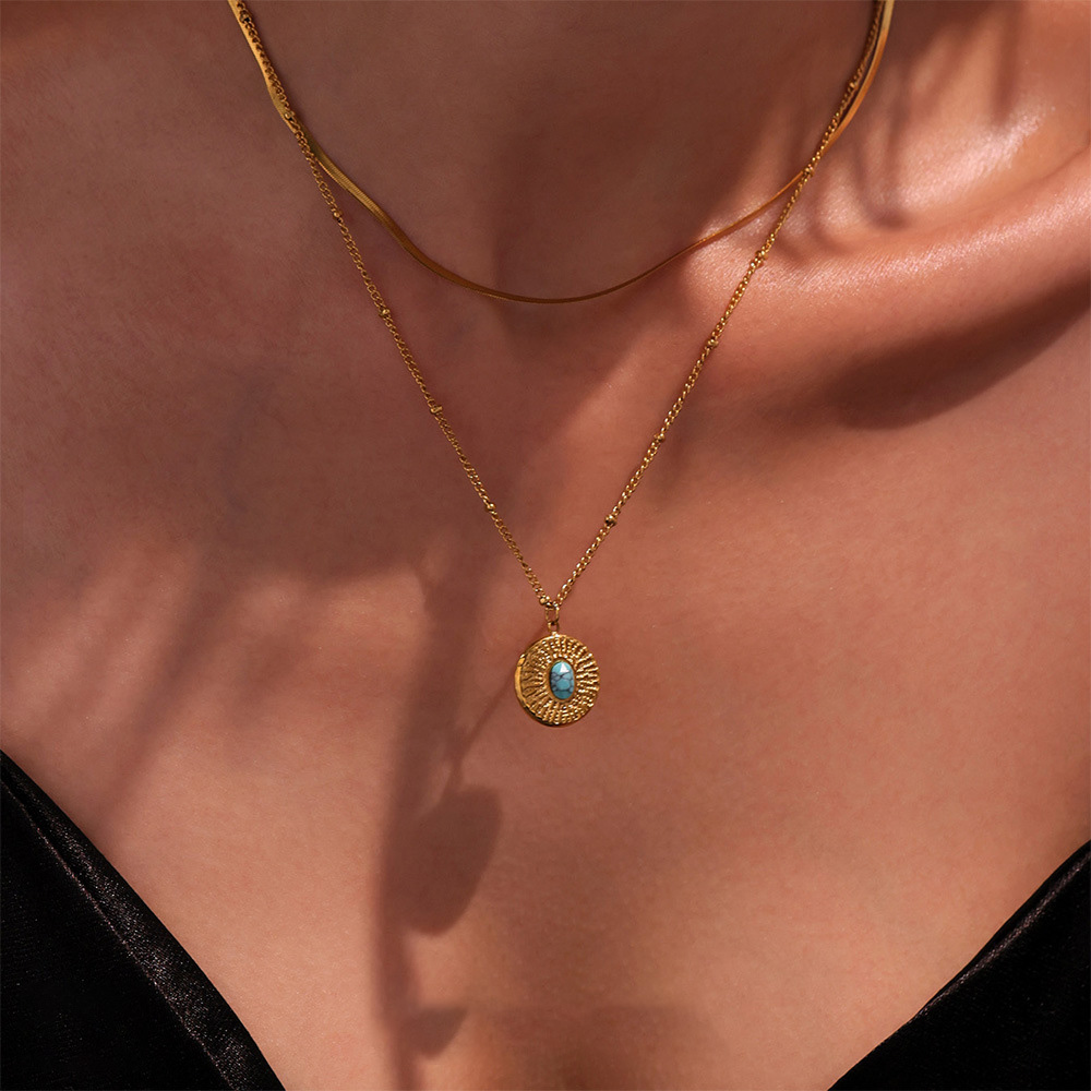 Stainless Steel Bead Chain Round Plate Turquoise Necklace