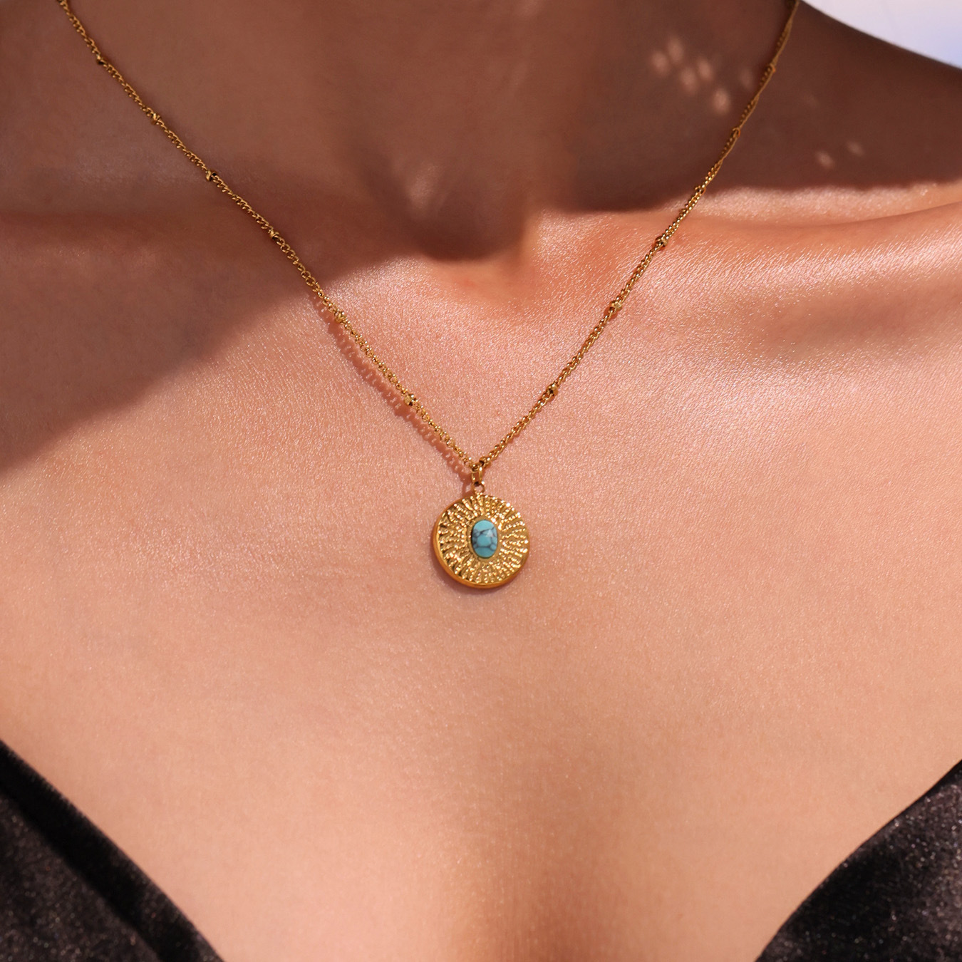 Stainless Steel Bead Chain Round Plate Turquoise Necklace - Image 4