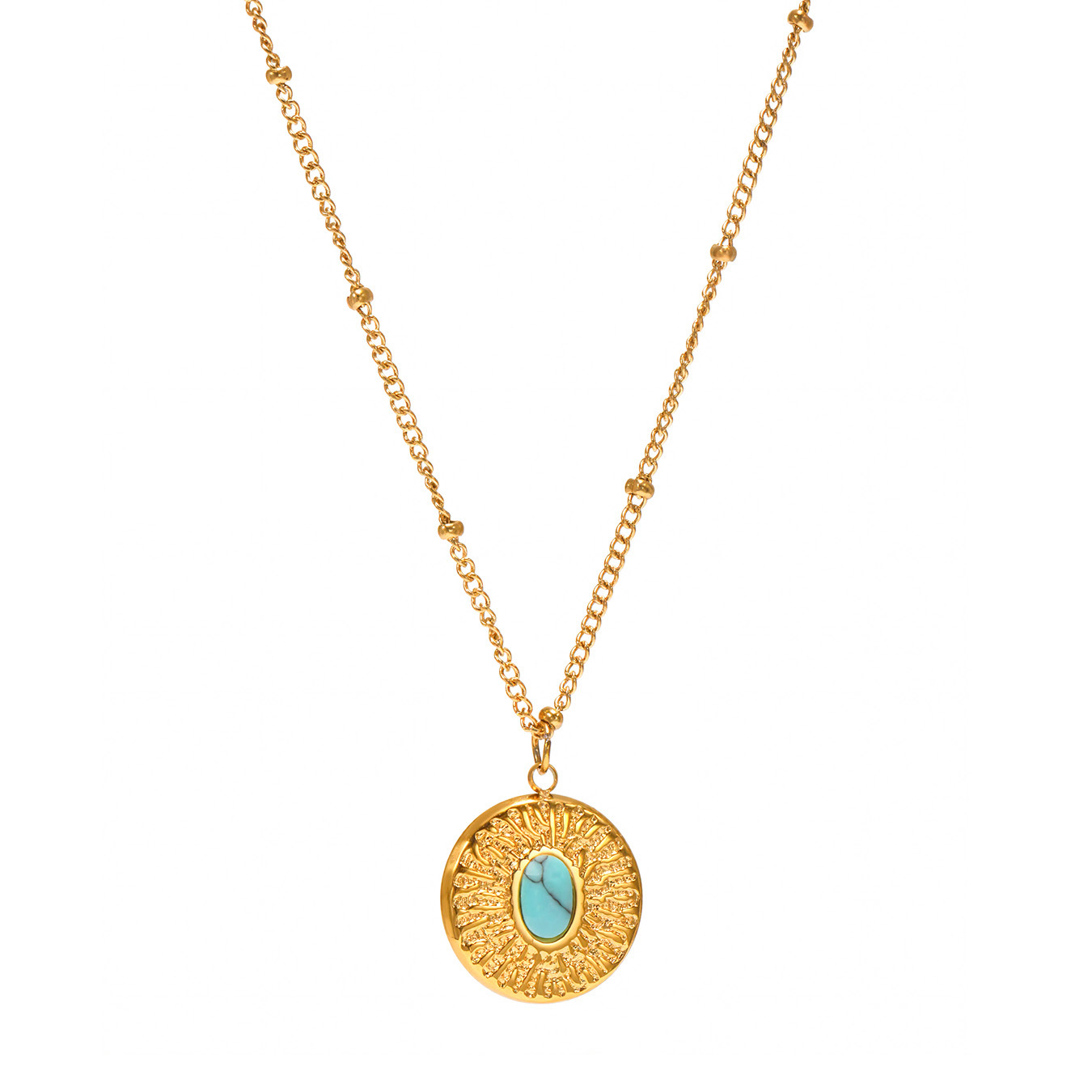 Stainless Steel Bead Chain Round Plate Turquoise Necklace - Image 5