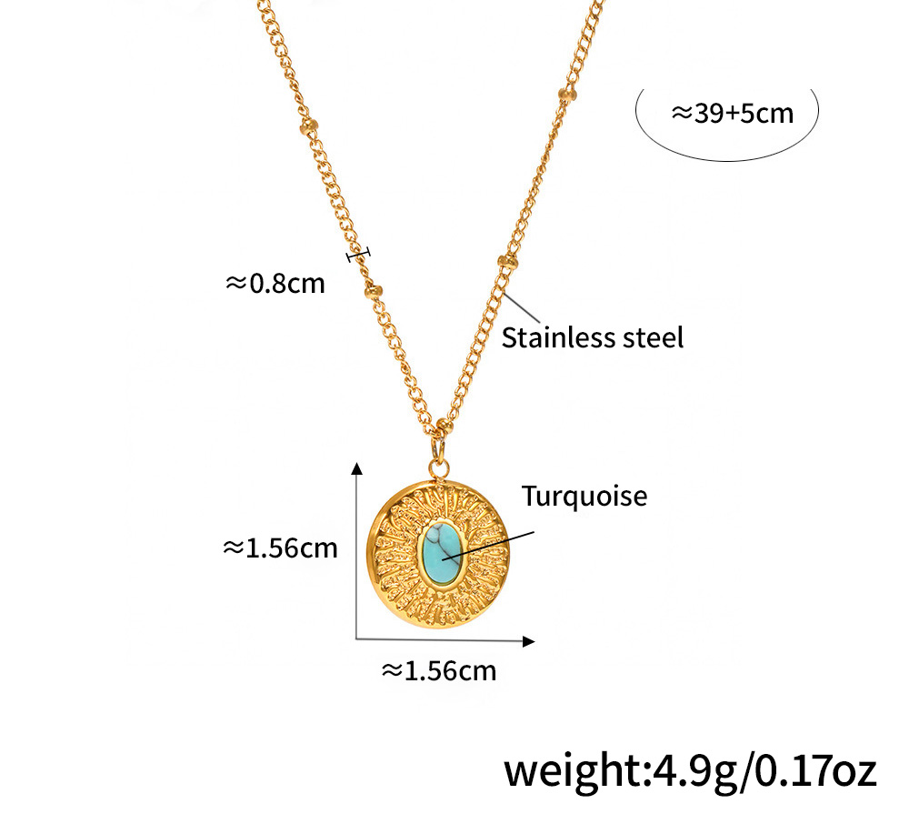 Stainless Steel Bead Chain Round Plate Turquoise Necklace - Image 6