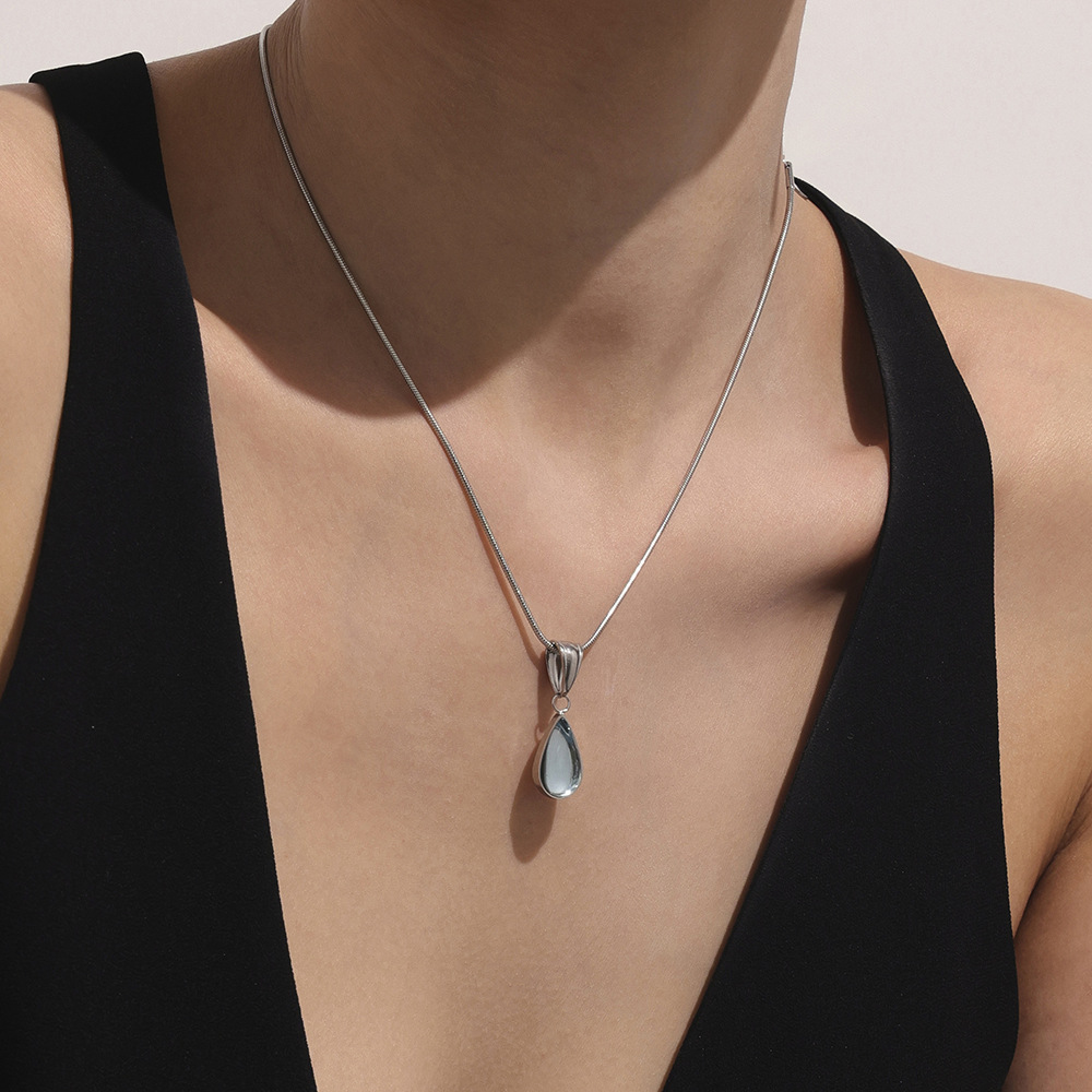 Stainless Steel Glass Stone Waterdrop Pendant Necklace - Image 2