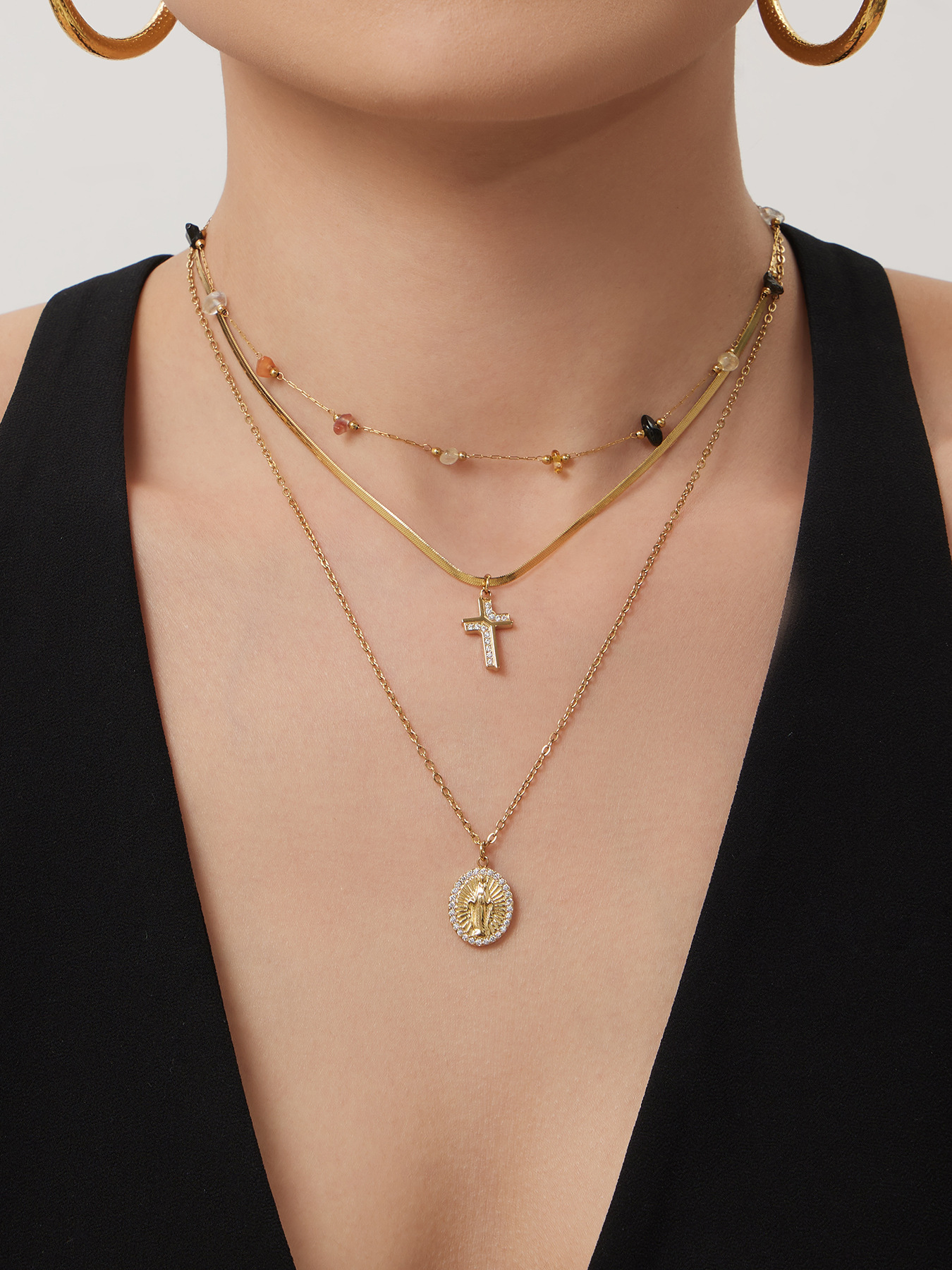Stainless Steel Goddess Round Pendant Double Curb Chain Full CZ Cross Layering Collarbone Necklace