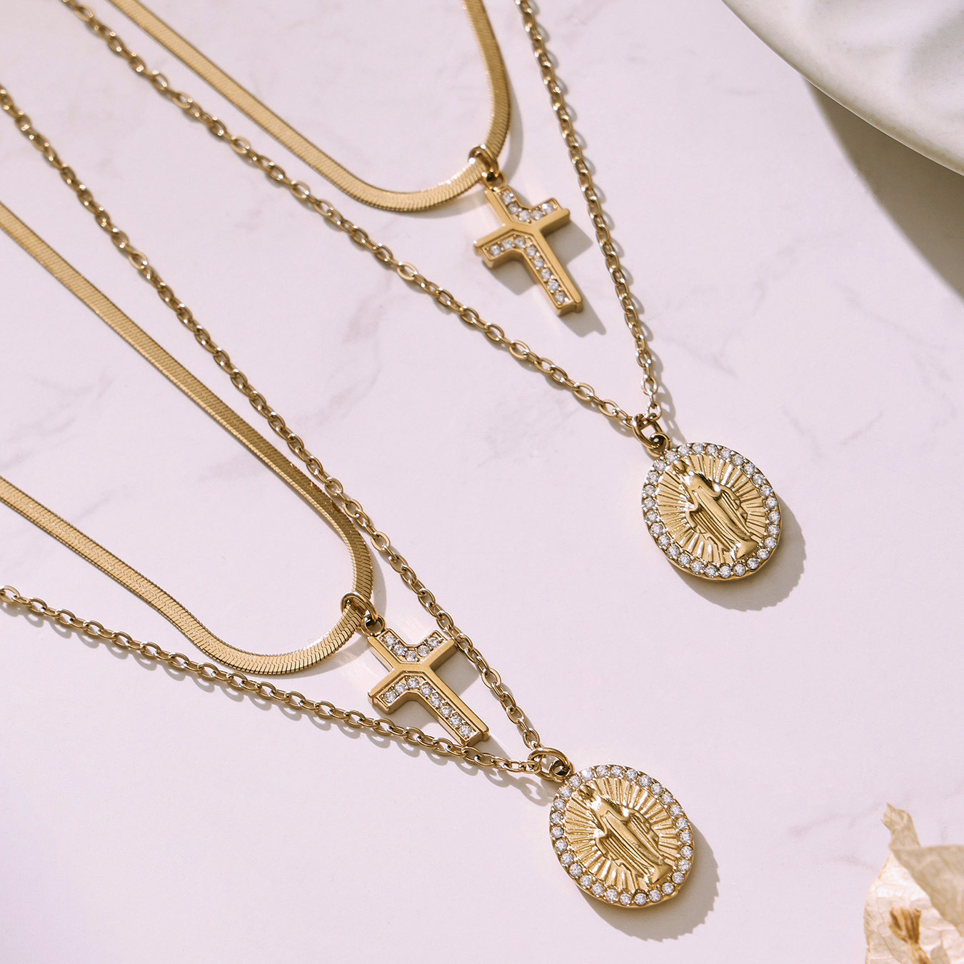 Stainless Steel Goddess Round Pendant Double Curb Chain Full CZ Cross Layering Collarbone Necklace - Image 2