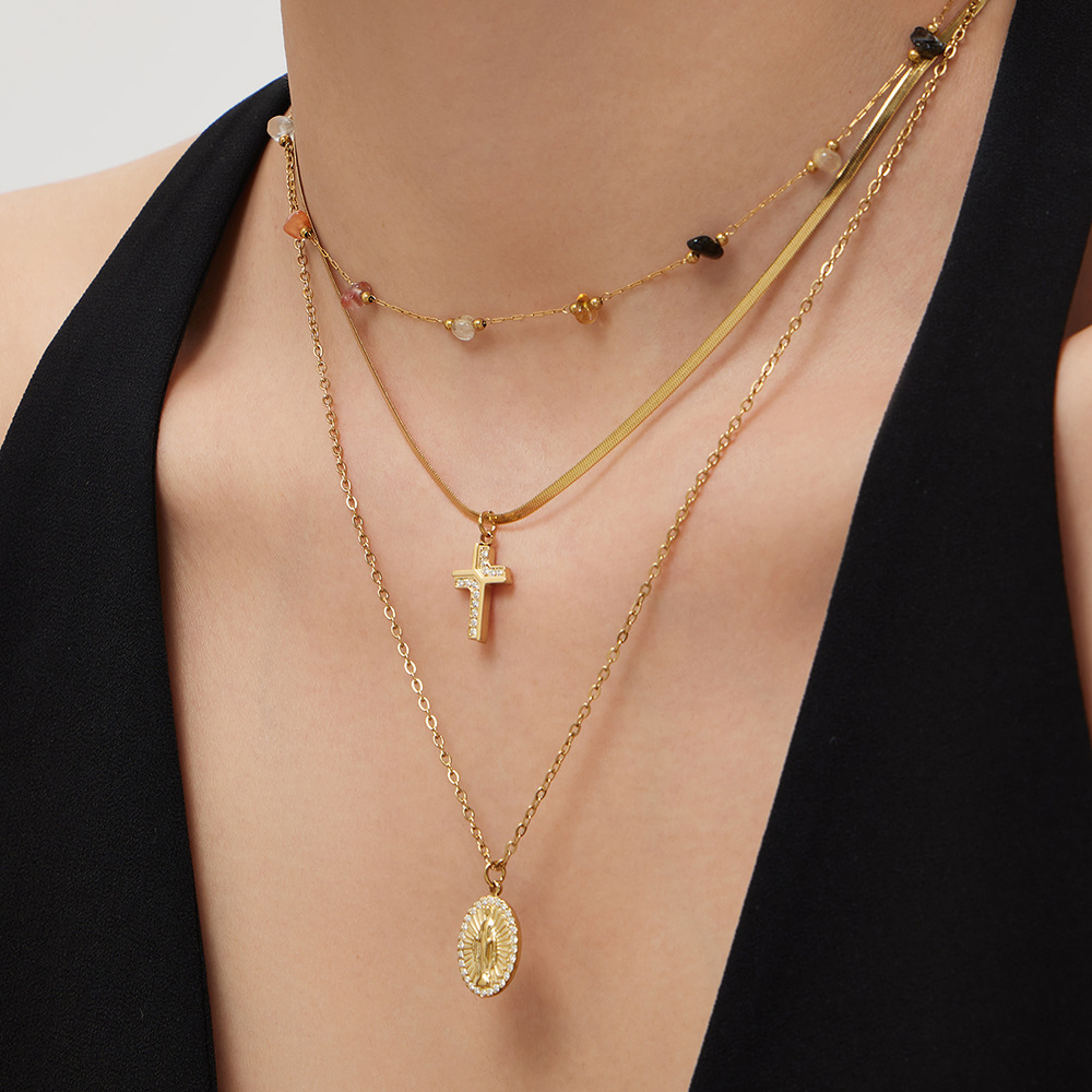 Stainless Steel Goddess Round Pendant Double Curb Chain Full CZ Cross Layering Collarbone Necklace - Image 4