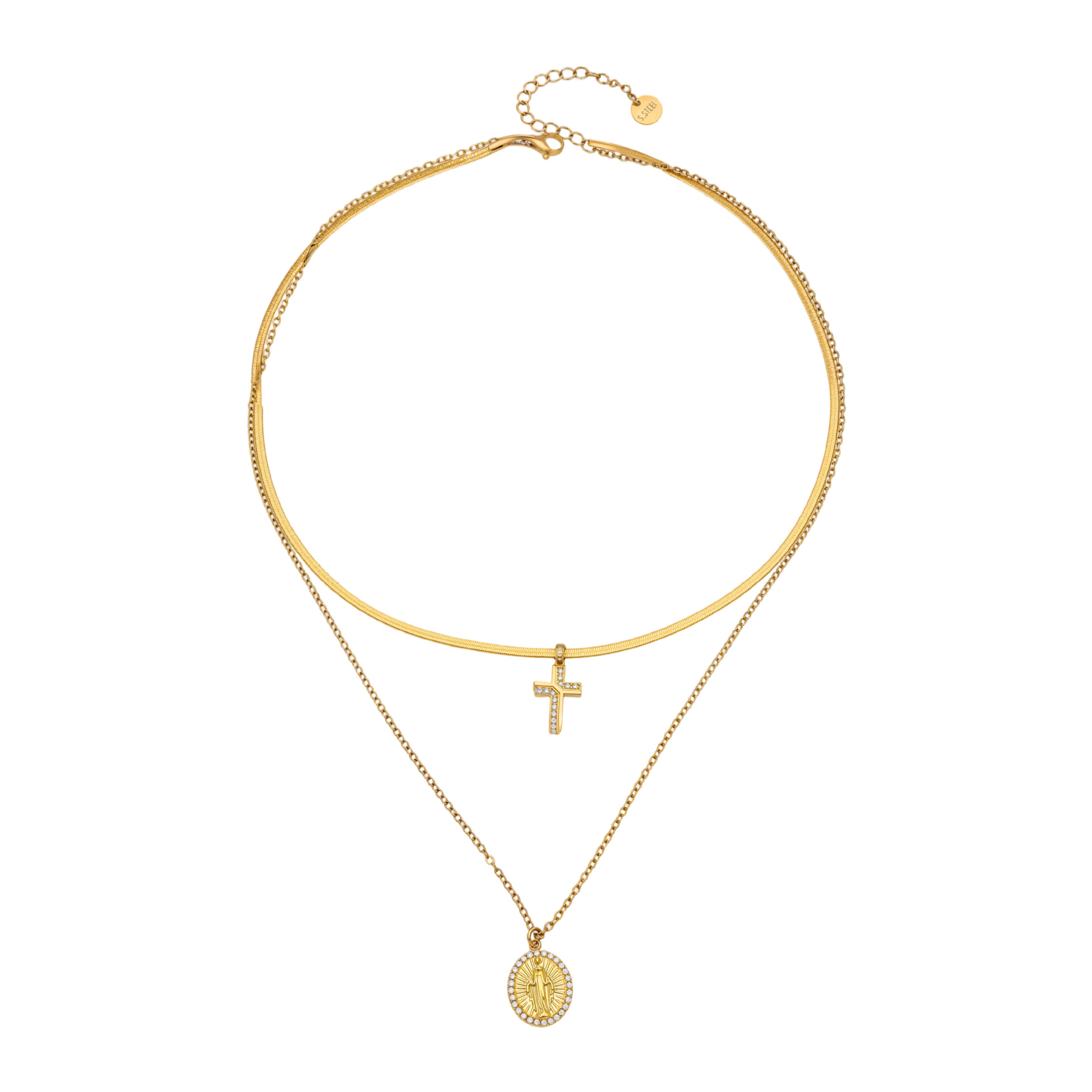 Stainless Steel Goddess Round Pendant Double Curb Chain Full CZ Cross Layering Collarbone Necklace - Image 5