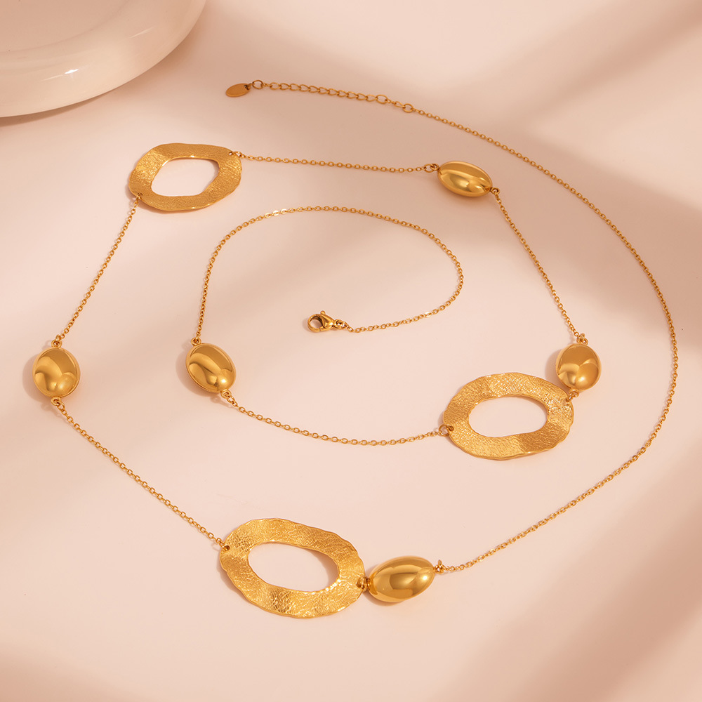 Stainless Steel Hammered Egg-Shaped Hollow Long Pendant Necklace