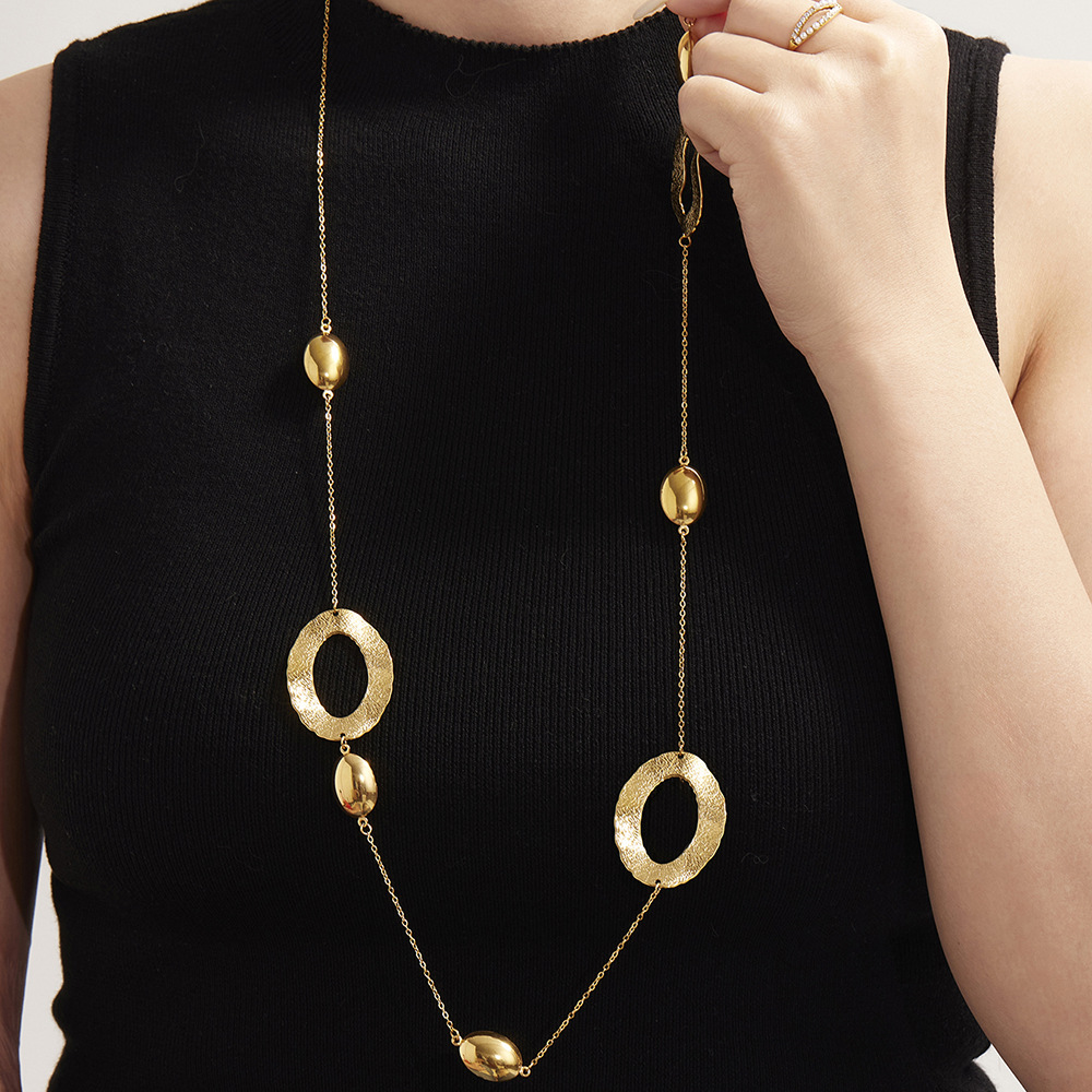 Stainless Steel Hammered Egg-Shaped Hollow Long Pendant Necklace - Image 3