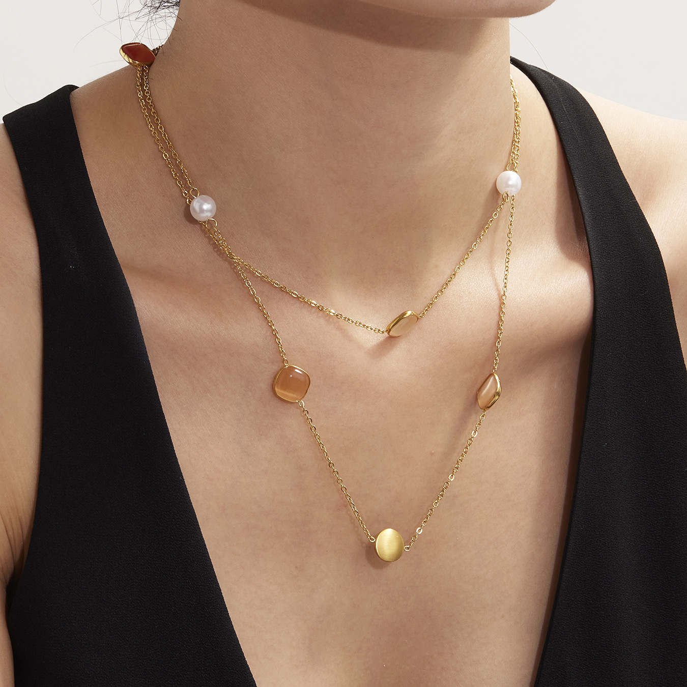 Stainless Steel Candy-Colored Square Cat Eye Stone Long Layering Necklace - Image 2