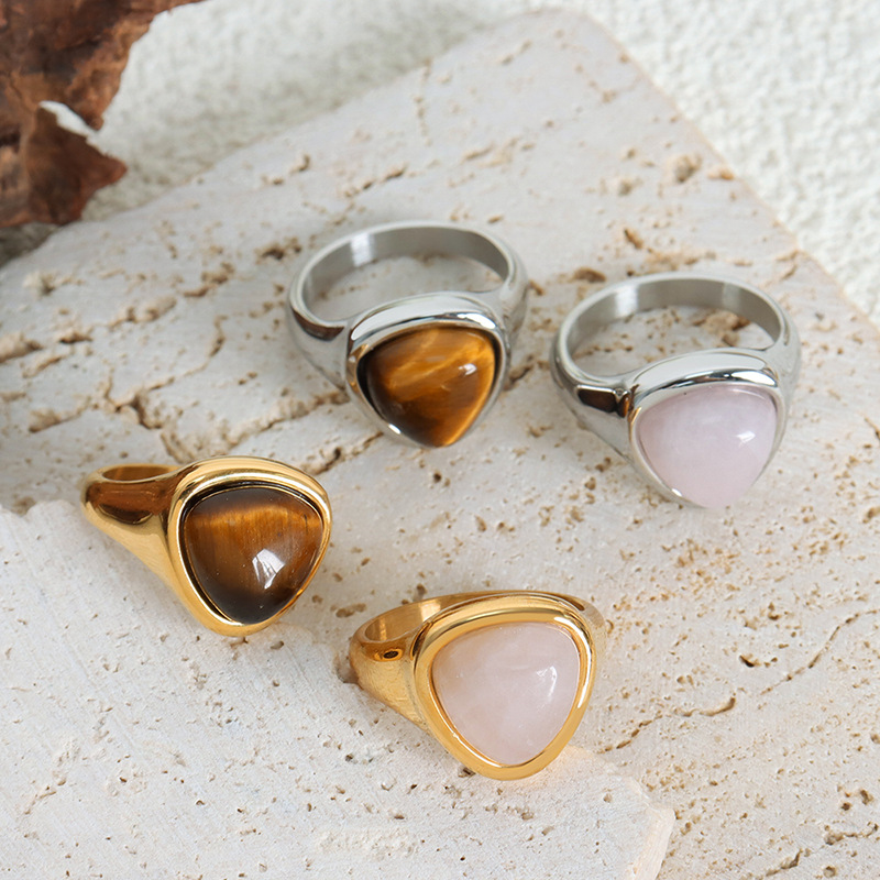 Titanium Steel Natural Rose Quartz and Tiger's Eye Ring - Image 3