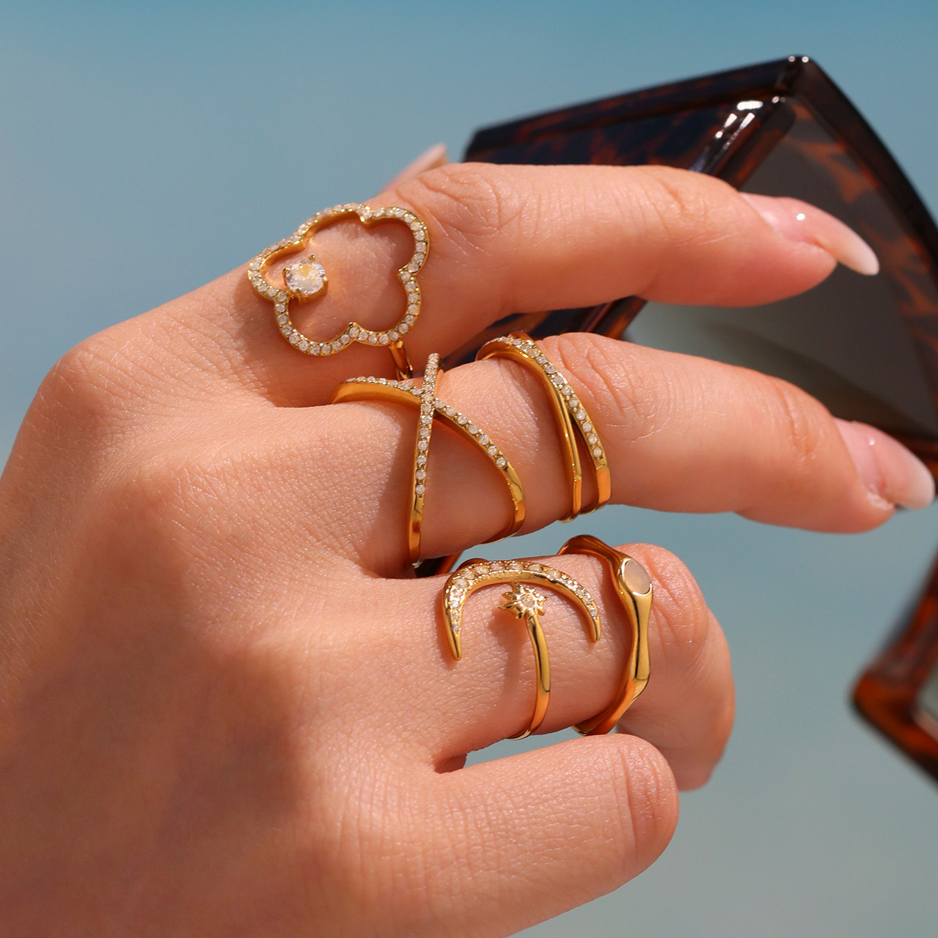 Stainless Steel 5A Zircon Star-Moon Irregular Geometric Ring