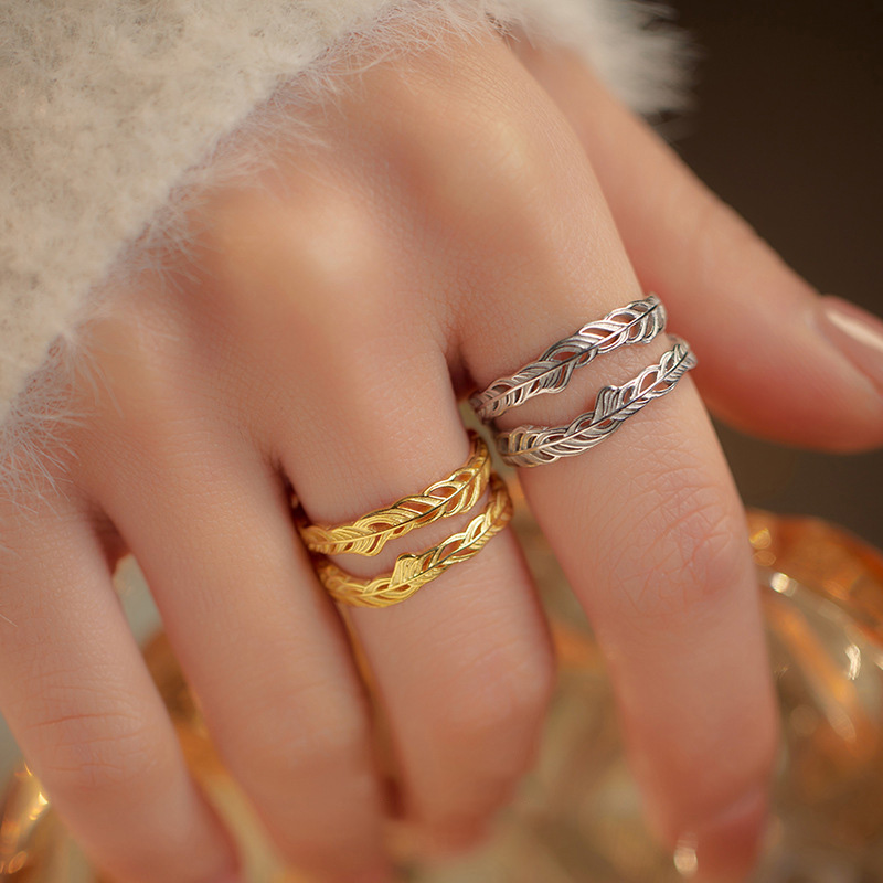 S925 Sterling Silver Double Layer Feather Ring