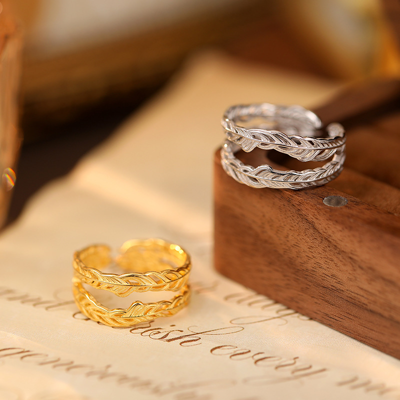 S925 Sterling Silver Double Layer Feather Ring - Image 2