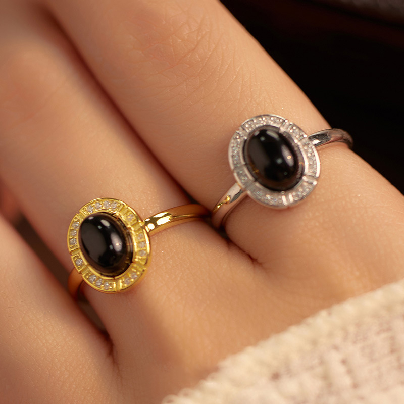 S925 Sterling Silver Vintage Black Agate Ring
