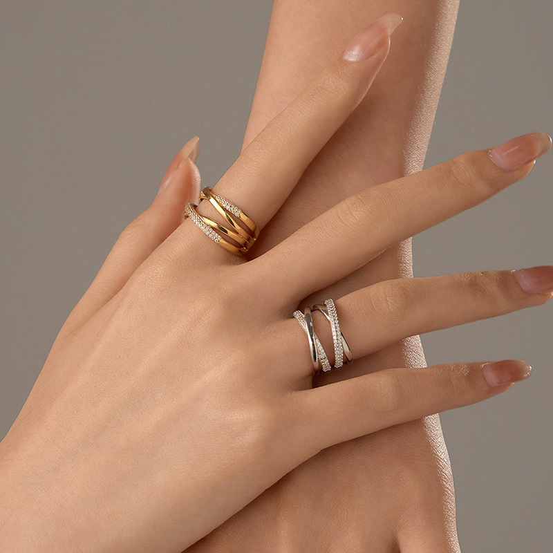 S925 Sterling Silver Double Layer Crossed Zircon Ring - Image 2