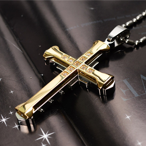 Dark Knight Crystal Cross Pendant Necklace - Gothic Stainless Steel Bamboo Chain - Image 3