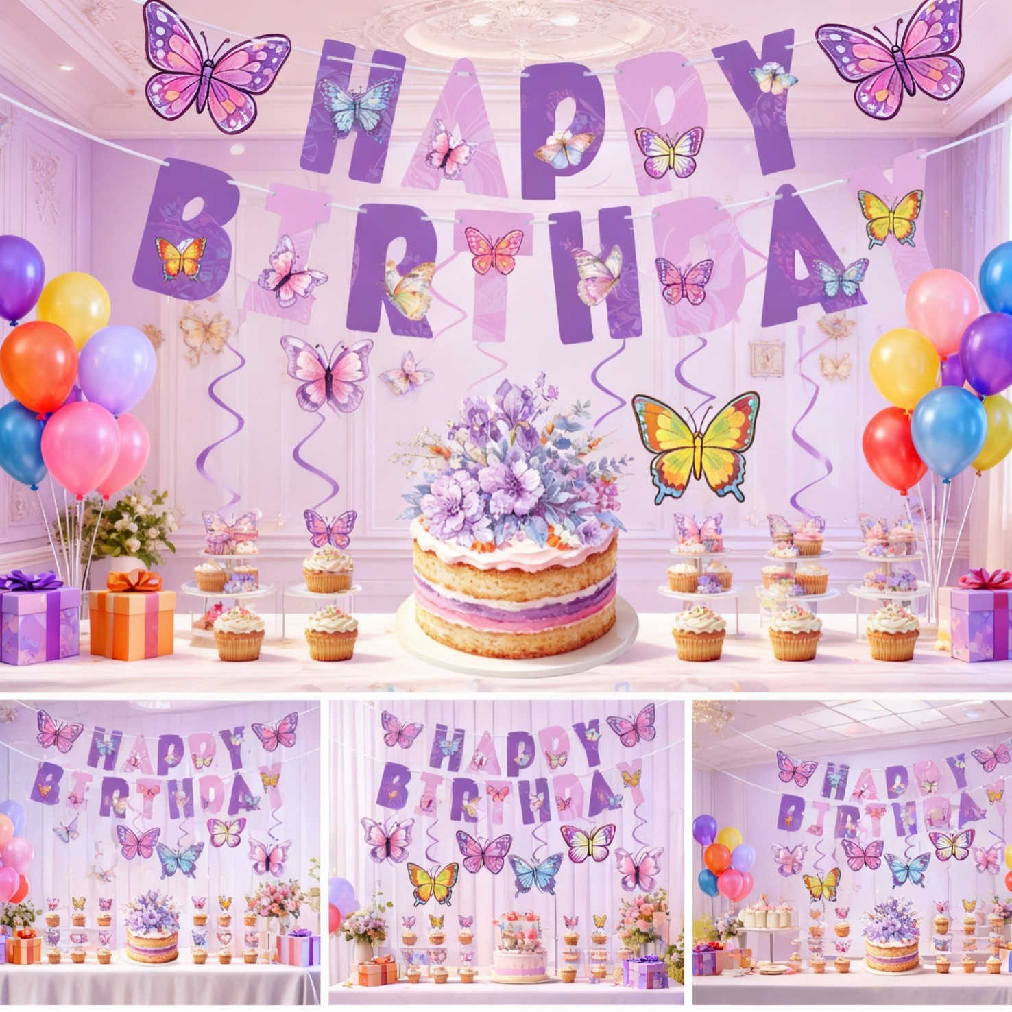 Butterfly Birthday Party Decoration Set - Banner, Cake Topper & Hanging Decor - Image 5