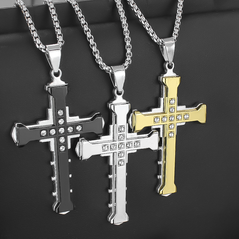 Dark Knight Crystal Cross Pendant Necklace - Gothic Stainless Steel Bamboo Chain - Image 4