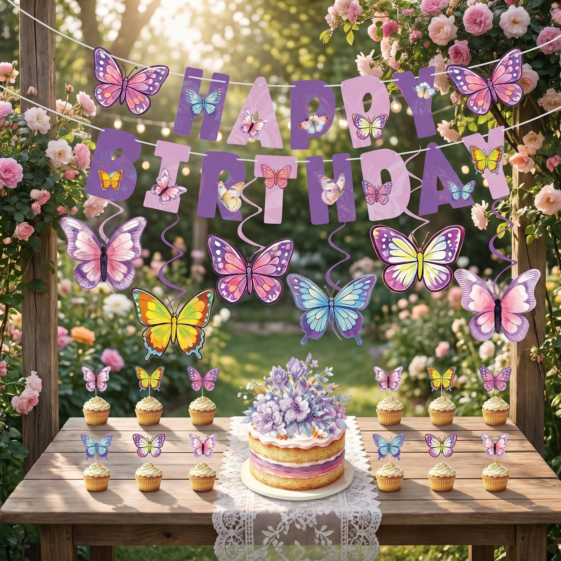 Butterfly Birthday Party Decoration Set - Banner, Cake Topper & Hanging Decor - Image 2