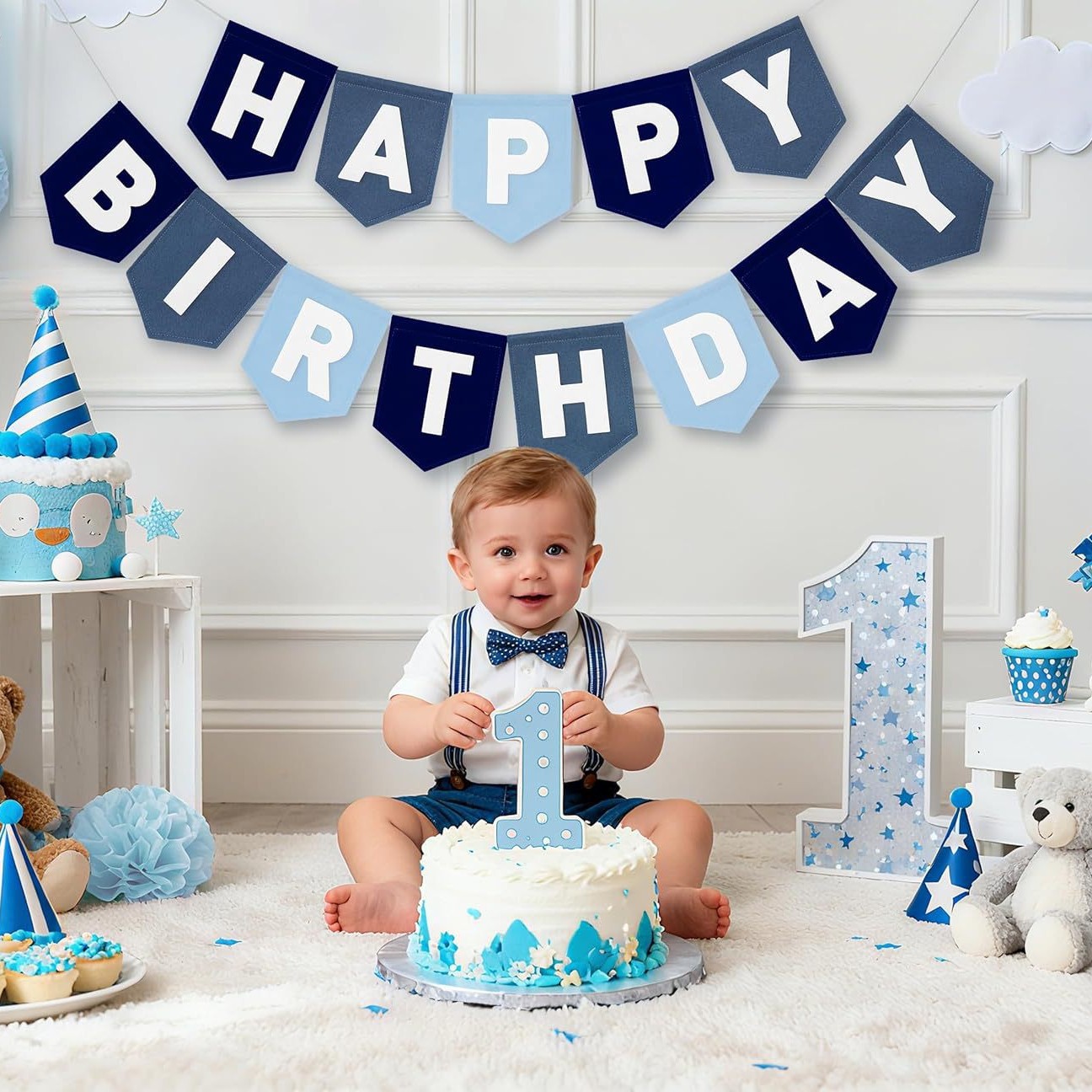 Blue Felt Birthday Banner | Baby 1st Birthday Party Decor