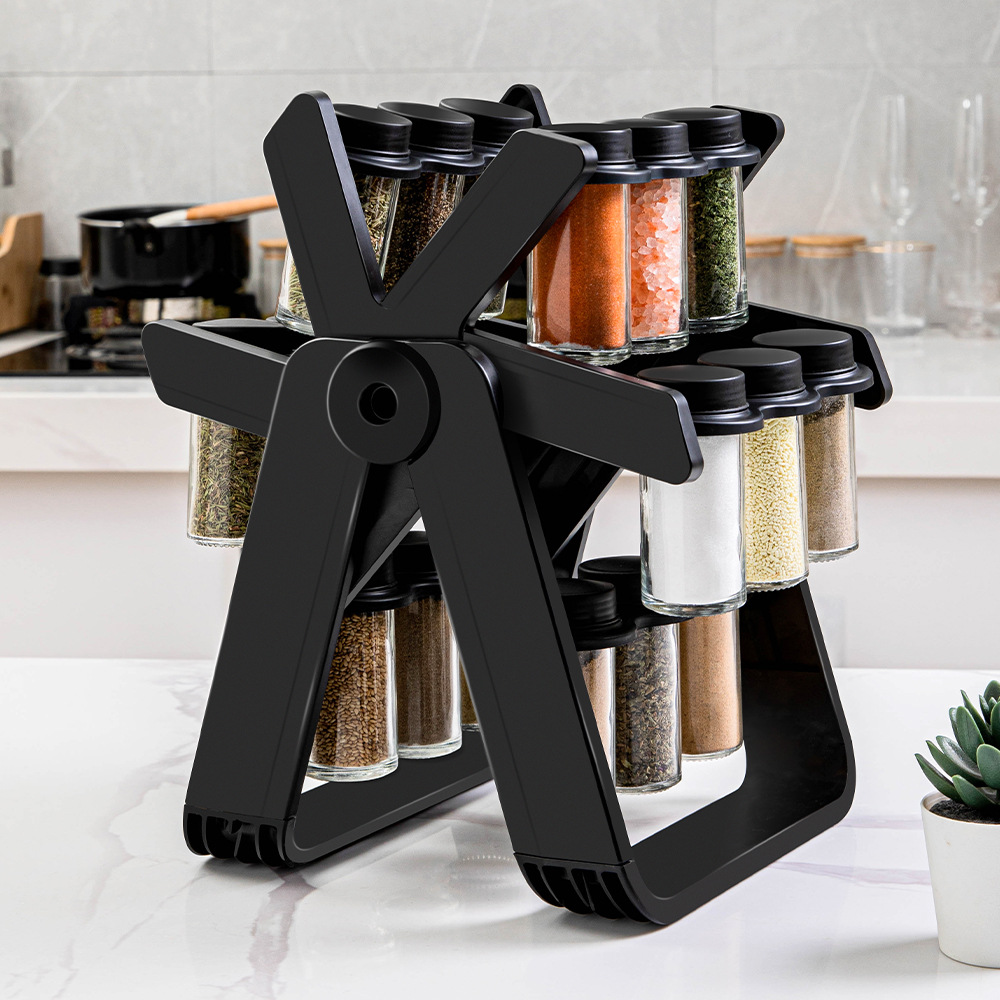 Rotating Seasoning Rack – Glass Spice Jar Holder, 360° Rotating Condiment Organizer for Kitchen Counter & Cabinet Storage