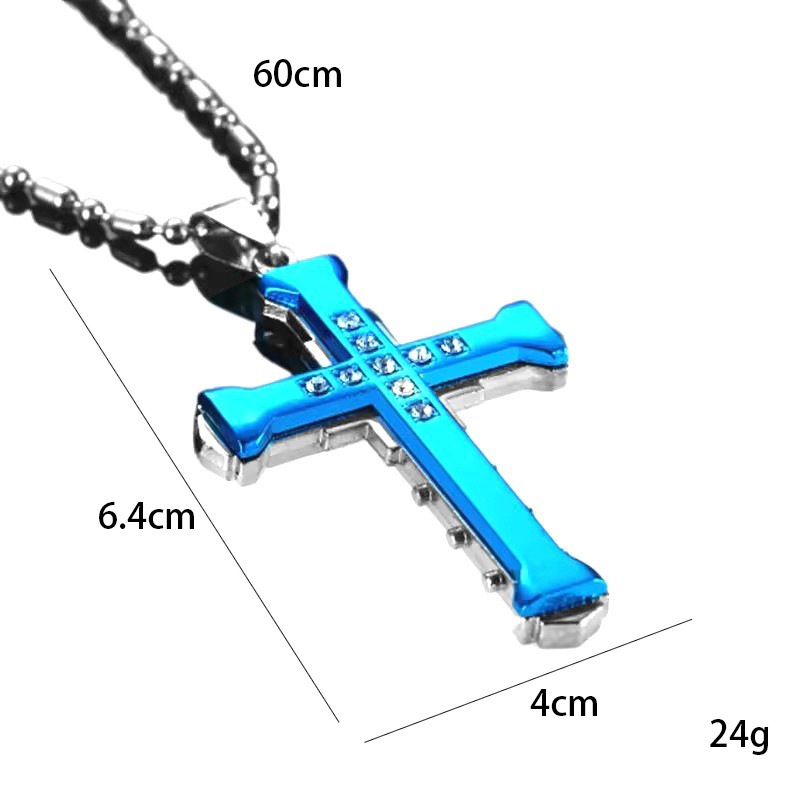 Dark Knight Crystal Cross Pendant Necklace - Gothic Stainless Steel Bamboo Chain - Image 5