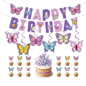 Butterfly Birthday Party Decoration Set - Banner, Cake Topper & Hanging Decor