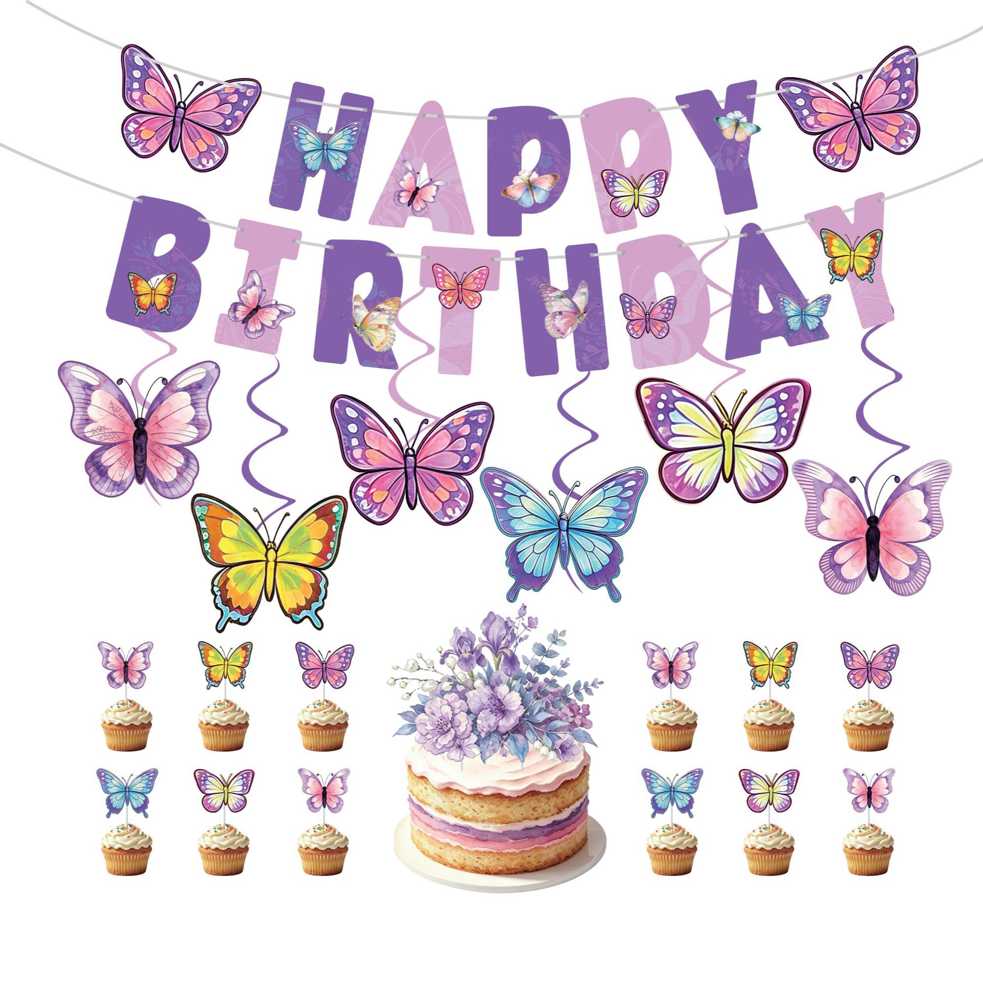 Butterfly Birthday Party Decoration Set - Banner, Cake Topper & Hanging Decor