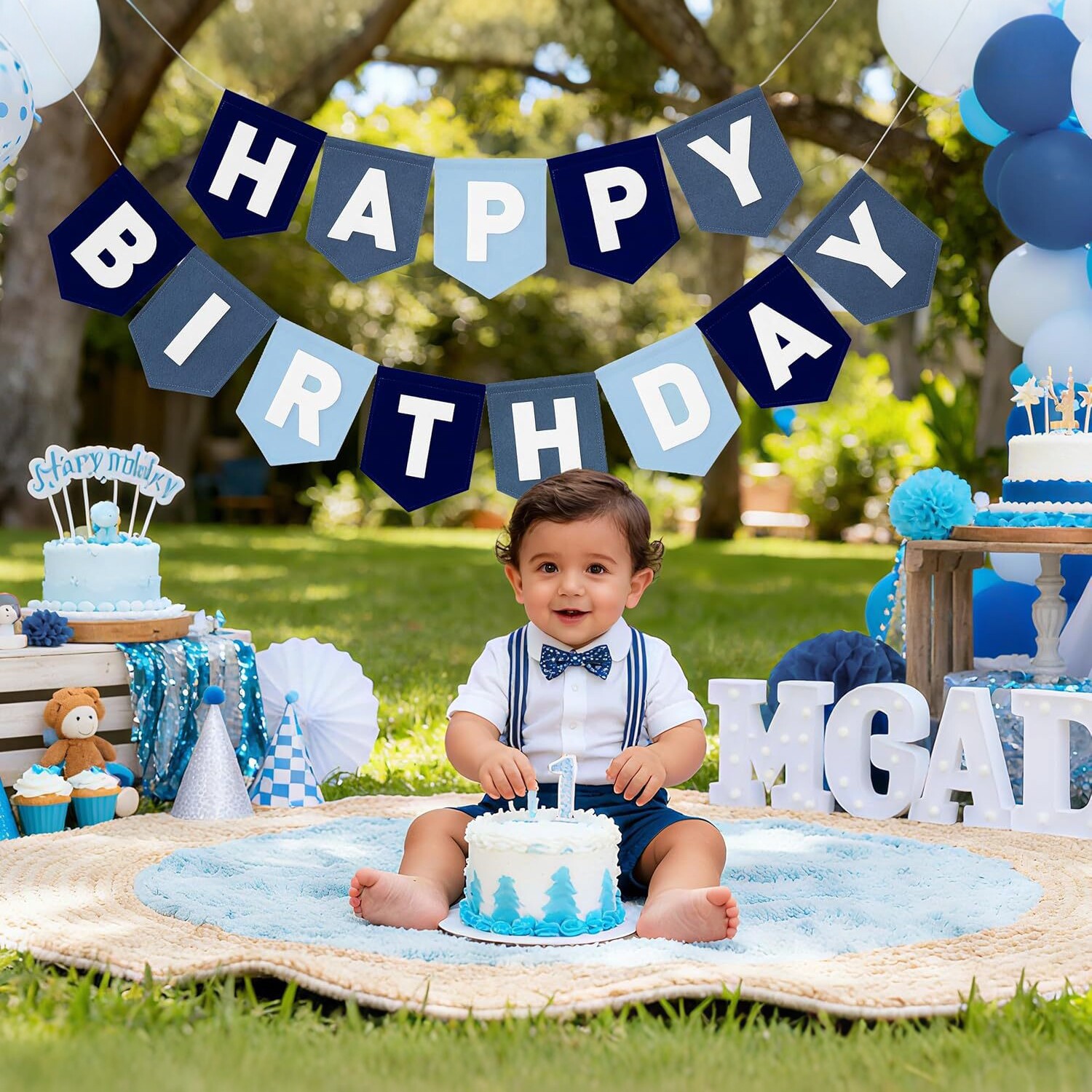 Blue Felt Birthday Banner | Baby 1st Birthday Party Decor - Image 3
