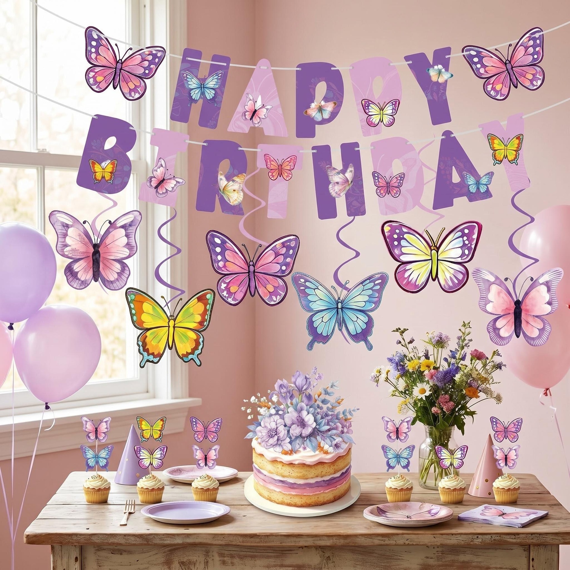 Butterfly Birthday Party Decoration Set - Banner, Cake Topper & Hanging Decor - Image 7