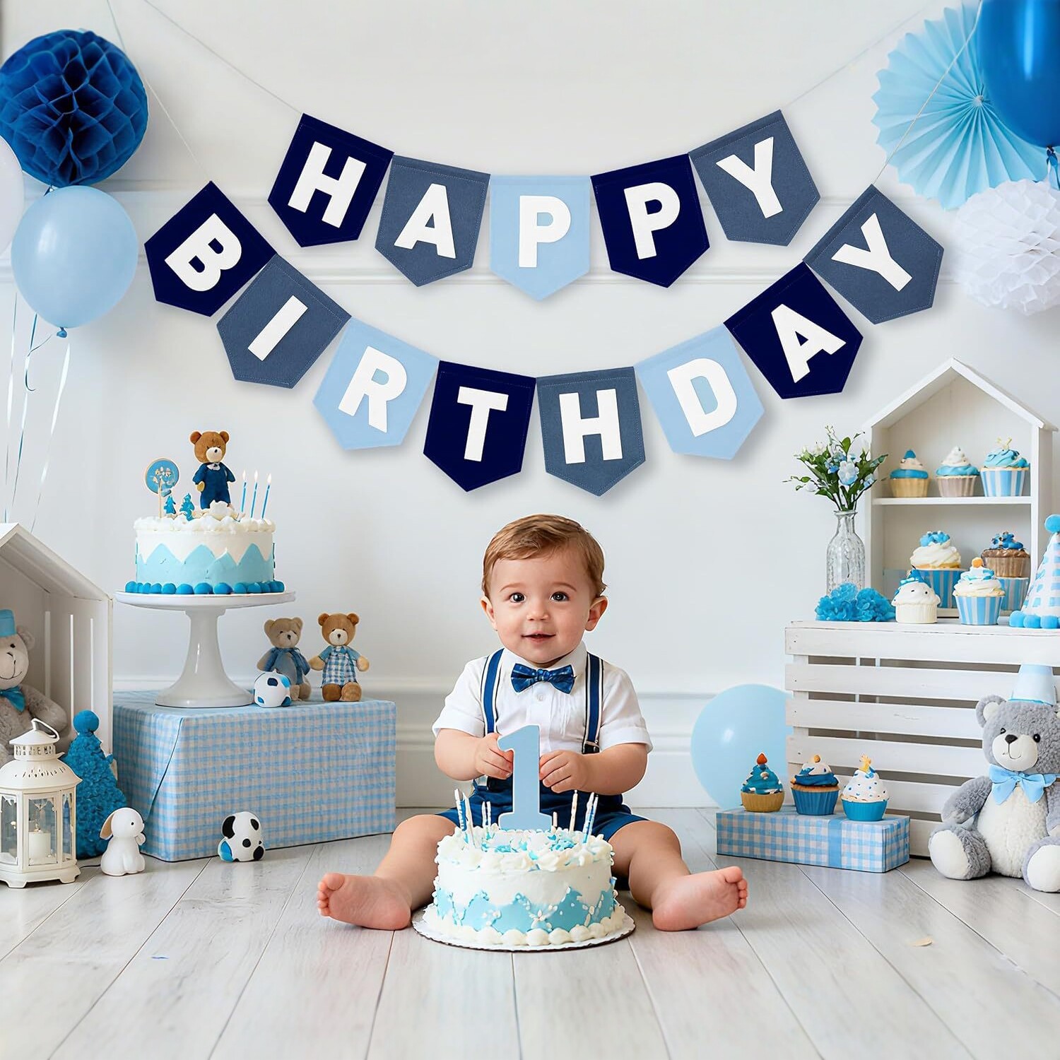 Blue Felt Birthday Banner | Baby 1st Birthday Party Decor - Image 4