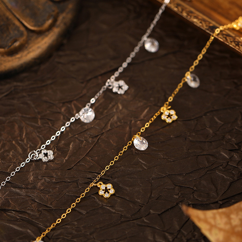 S925 Sterling Silver Floral Zircon Tassel Anklet - Image 2