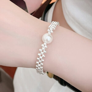 S925 Sterling Silver Simulated Pearl Woven with Silver Bead Bracelet