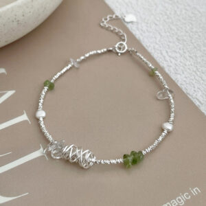 S925 Sterling Silver Peridot Crushed Silver Beads Bracelet