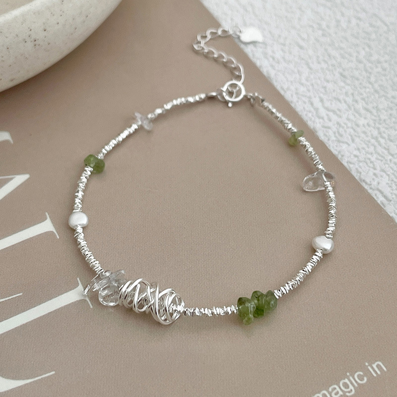 S925 Sterling Silver Peridot Crushed Silver Beads Bracelet