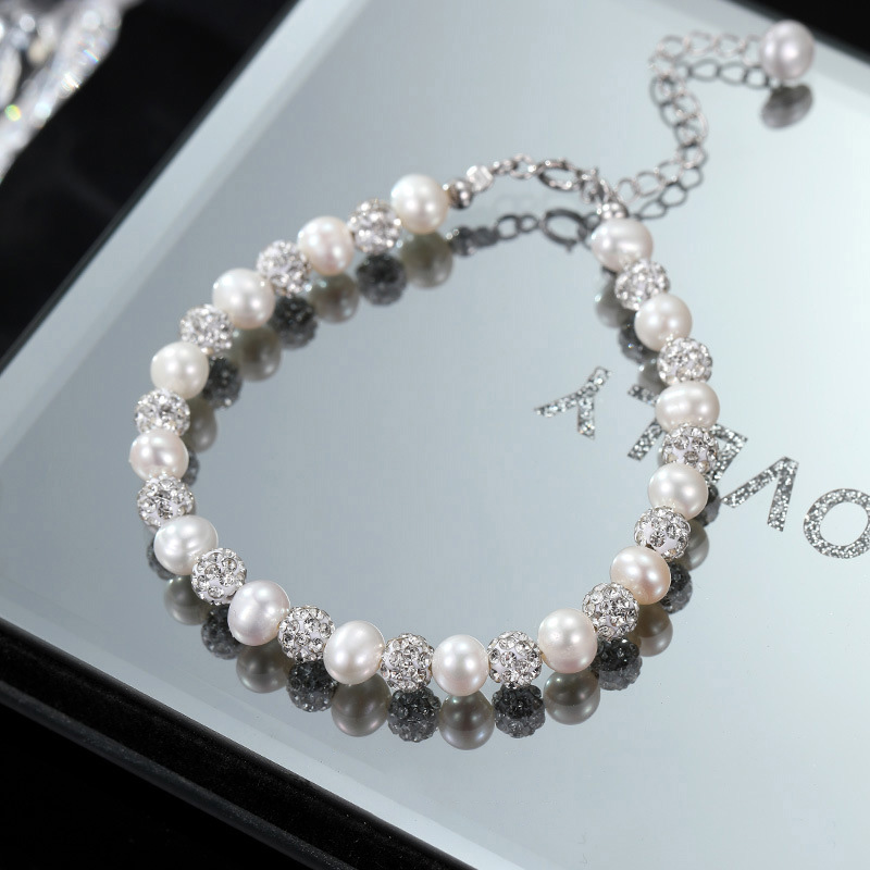 S925 Sterling Silver Natural Pearl Shamballa Bracelet