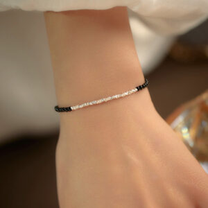 S925 Sterling Silver Black Onyx Crushed Silver Beads Bracelet