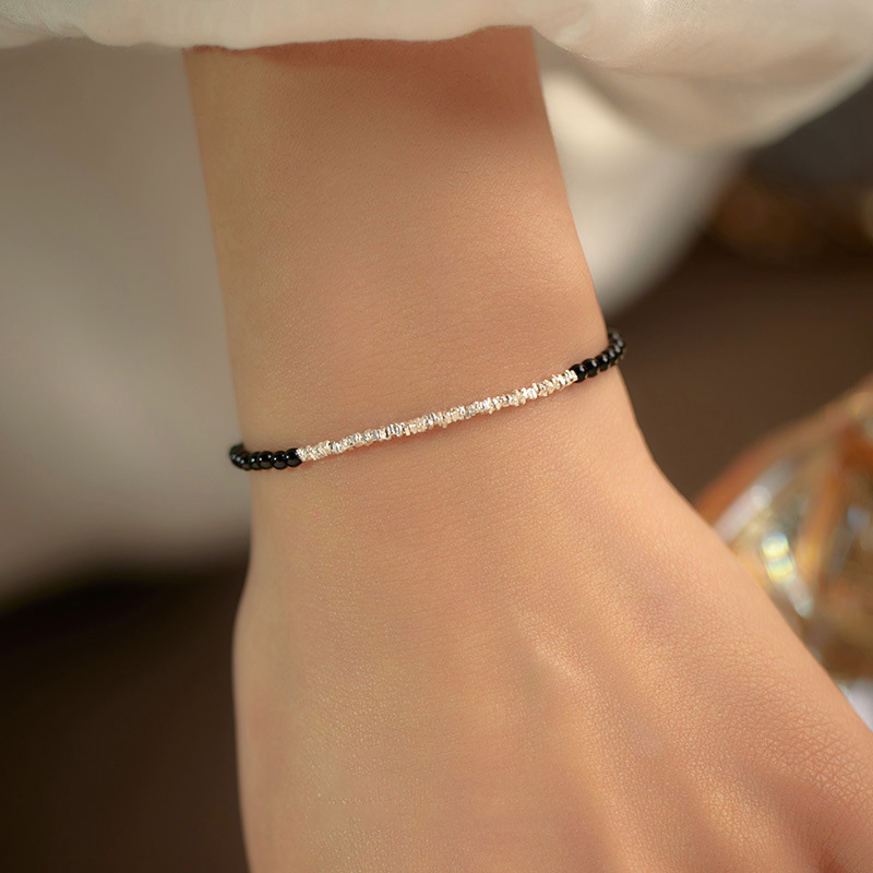 S925 Sterling Silver Black Onyx Crushed Silver Beads Bracelet
