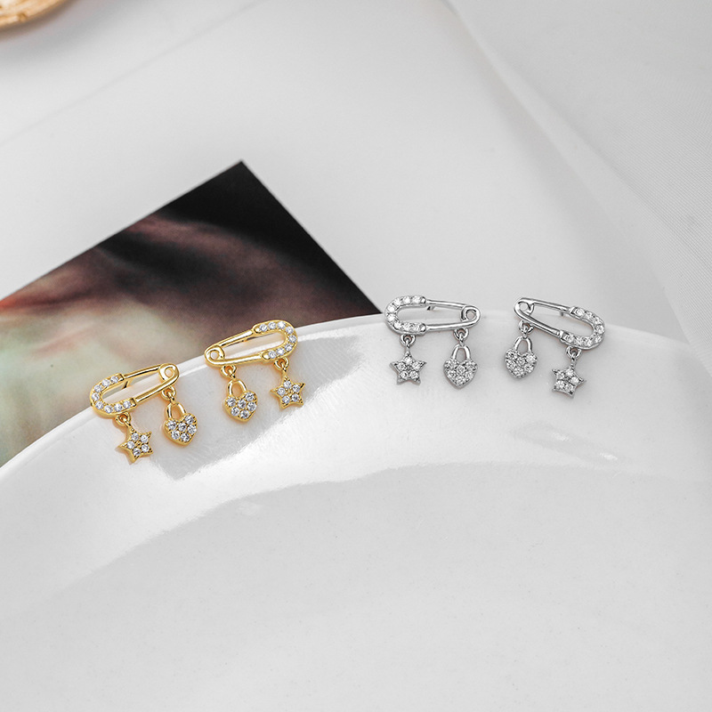 S925 Sterling Silver Star and Heart Ear Pin Stud Earrings - Image 2
