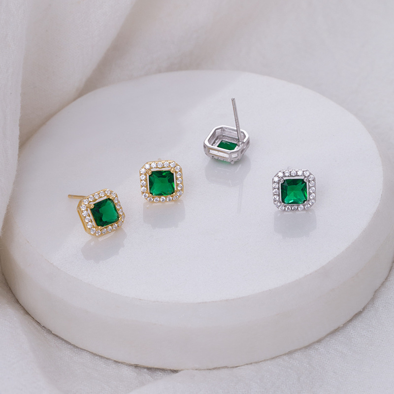 S925 Sterling Silver Vintage Square Emerald Cut Diamond Earrings - Image 2
