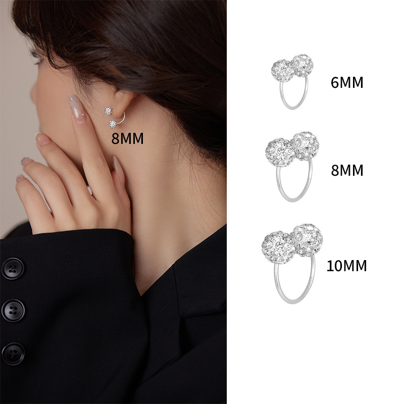 S999 Fine Silver Shamballa U-Shape Twin Diamond Ball Stud Earrings
