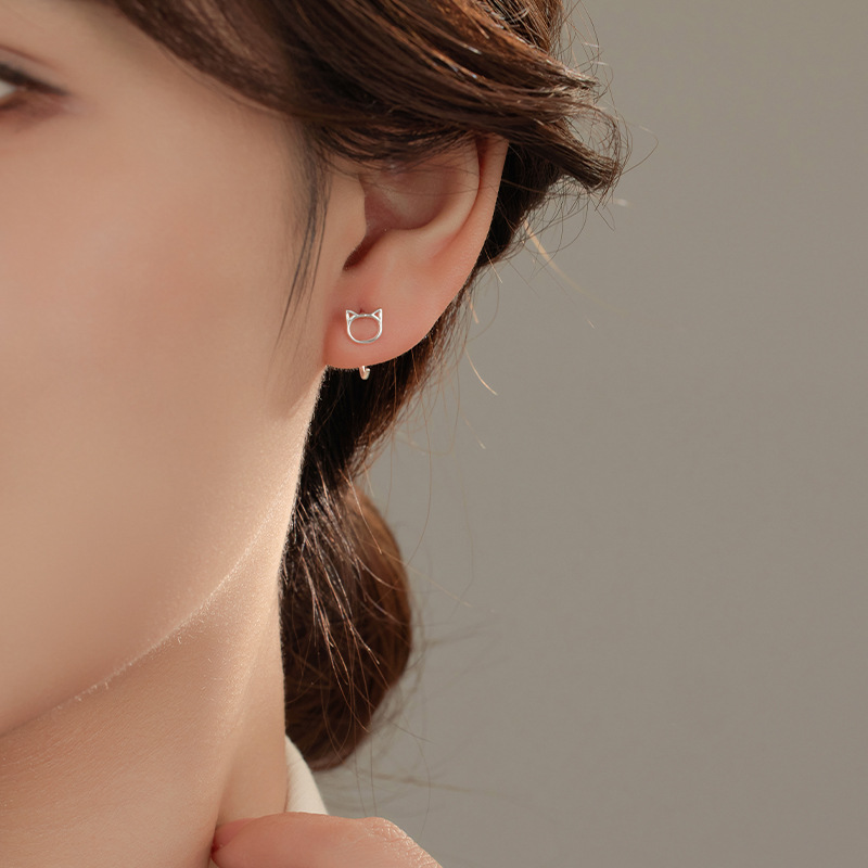 S999 Fine Silver Openwork Cat Earrings - Image 3